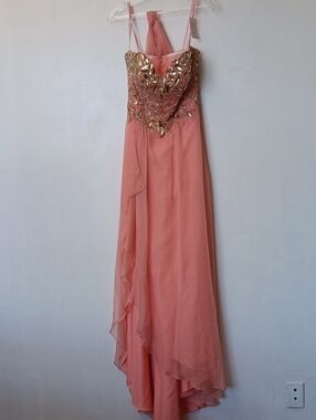 Vintage Coral Maxi Dress with Gold Sequin Bodice.